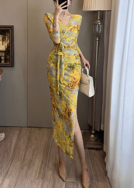 Robe de soirée en tulle imprimé jaune, ouverture latérale, été - Wavlynn
