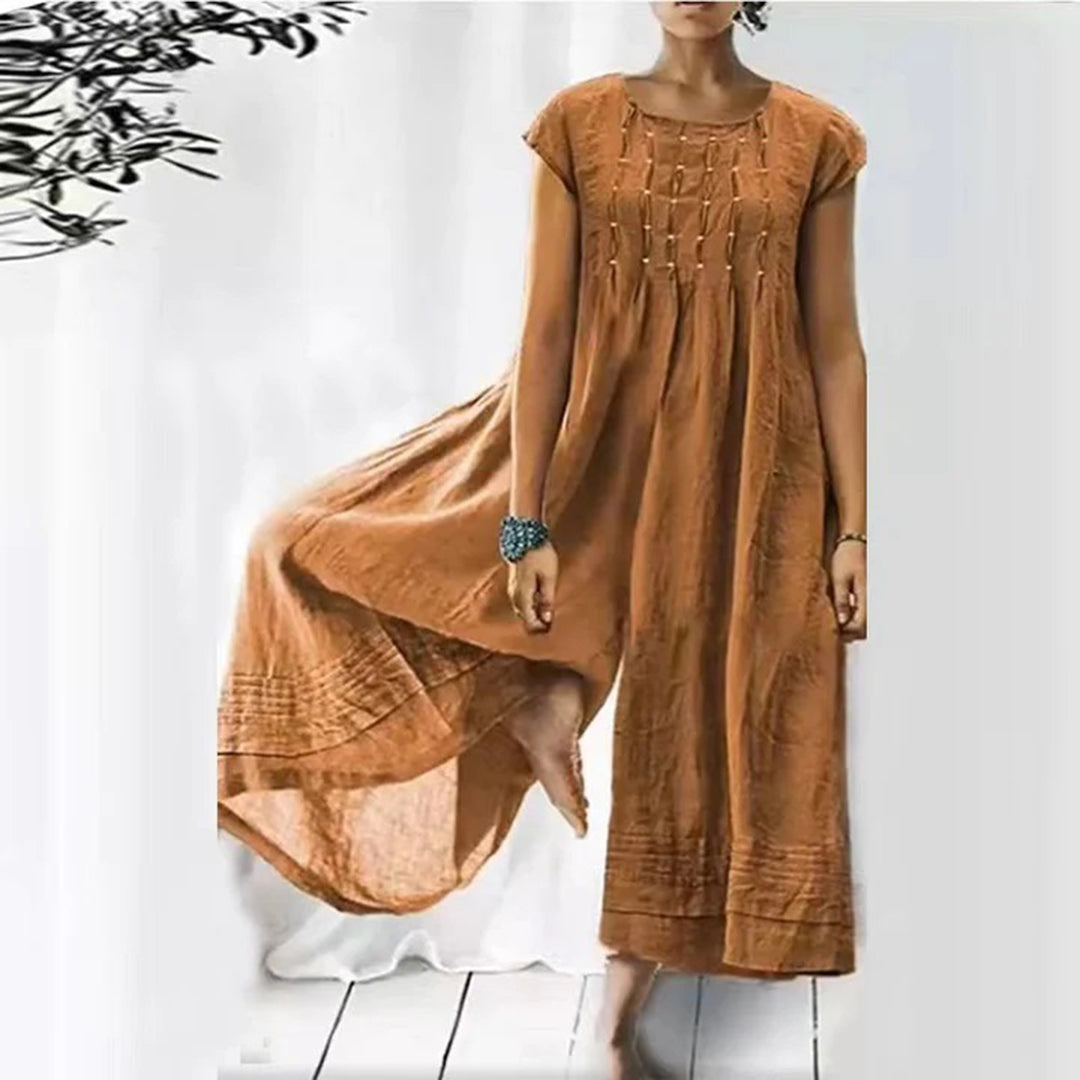 Women's long boho dress, airy cotton blend, short sleeves, round neck, lightweight vacation style