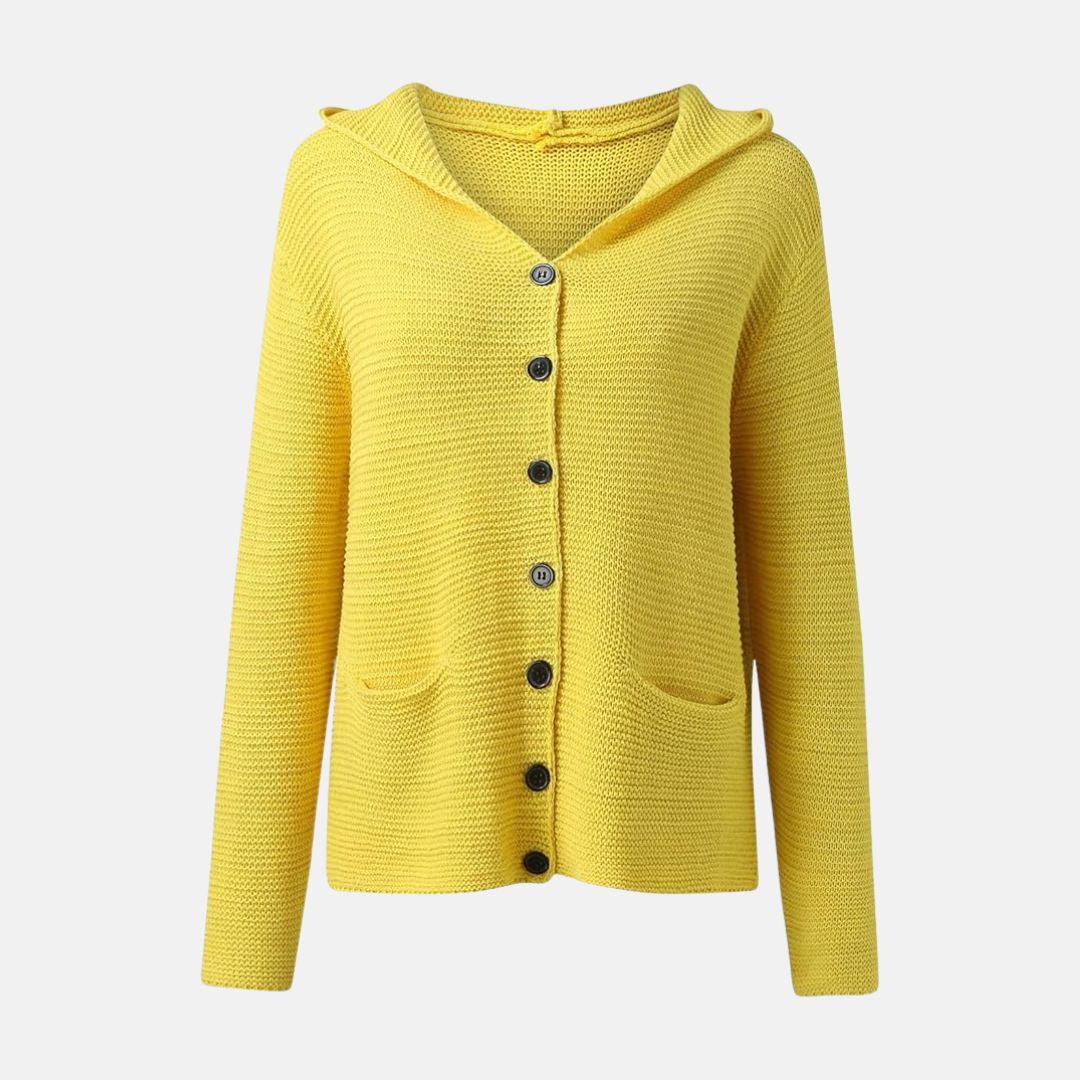 Women's heather gray hooded knit cardigan relaxed fit with button front and patch pockets