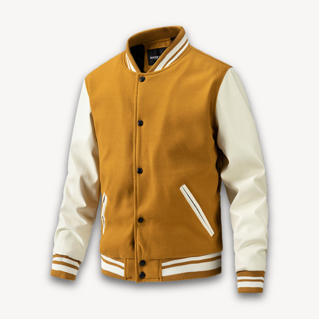 Men's classic fit varsity jacket wool-look body leather sleeves ribbed collar casual style
