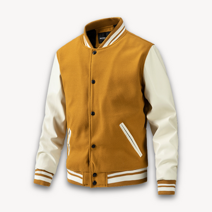 Men's classic fit varsity jacket wool-look body leather sleeves ribbed collar casual style
