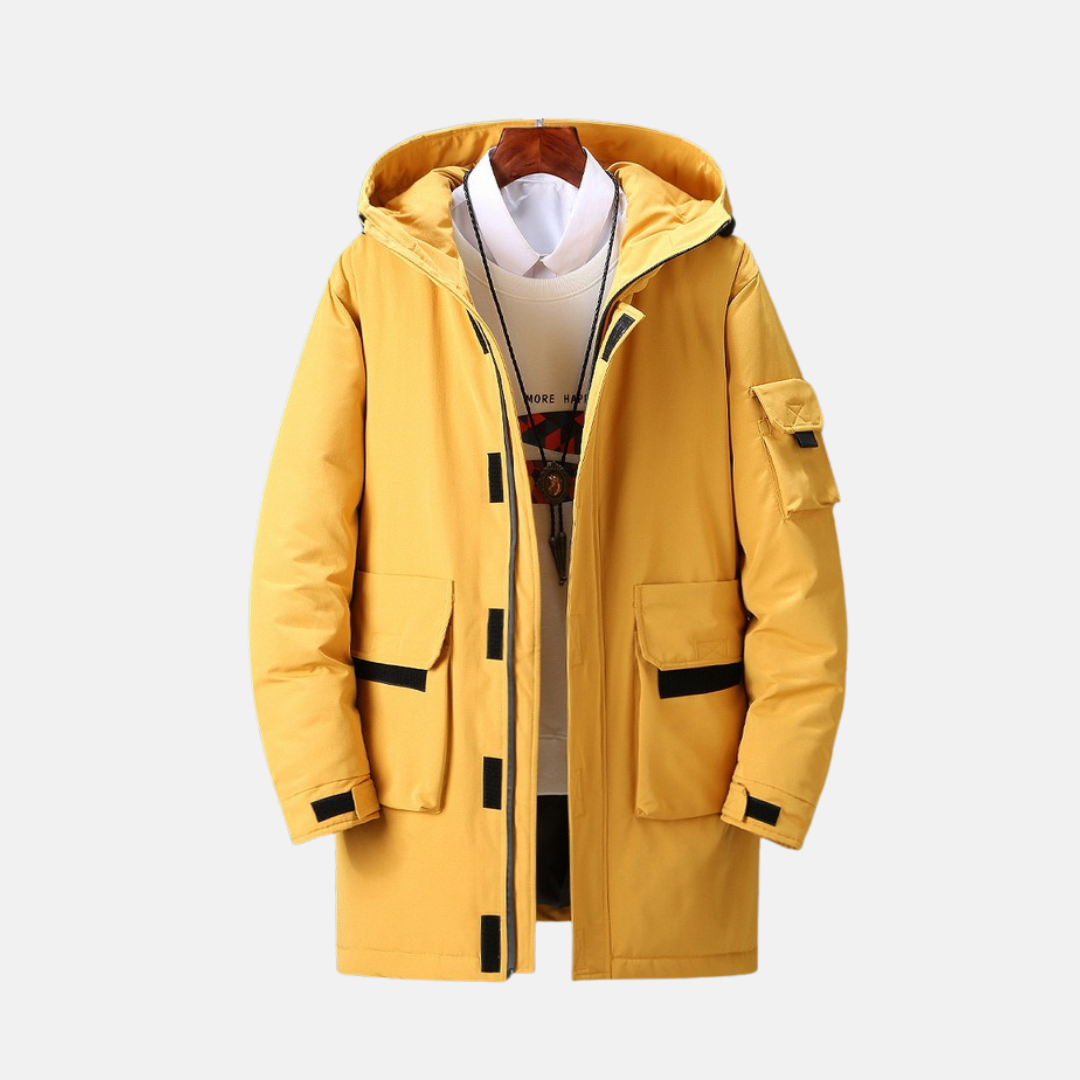 Men's hooded mid-thigh winter coat in neutral tones, relaxed fit with adjustable cuffs