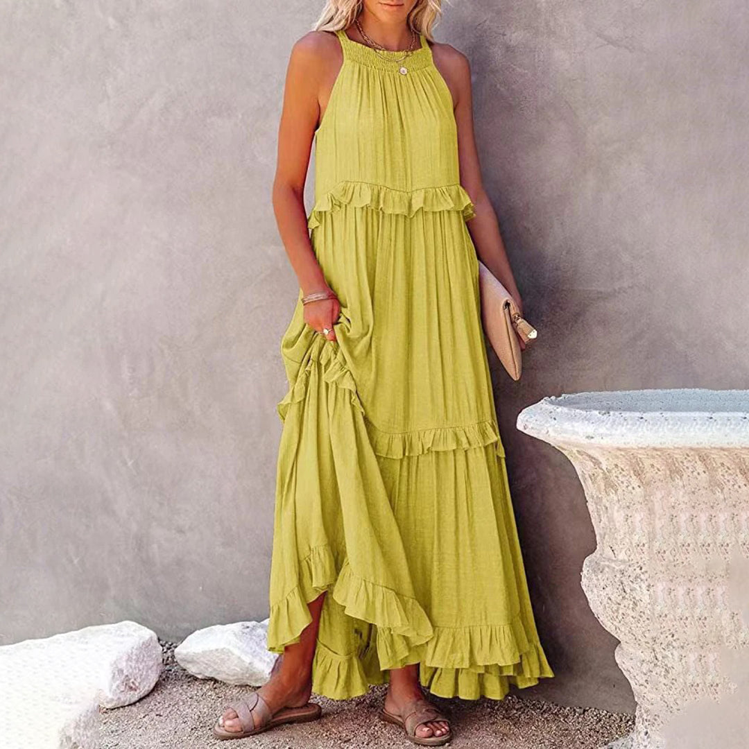 Women's sleeveless halterneck maxi dress, light A-line silhouette in airy fabric for effortless summer style