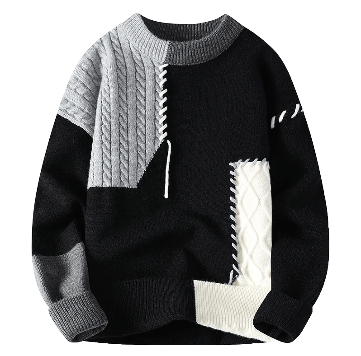 Men's multicolor patchwork knit sweater with relaxed fit and colorblock cable-knit texture details