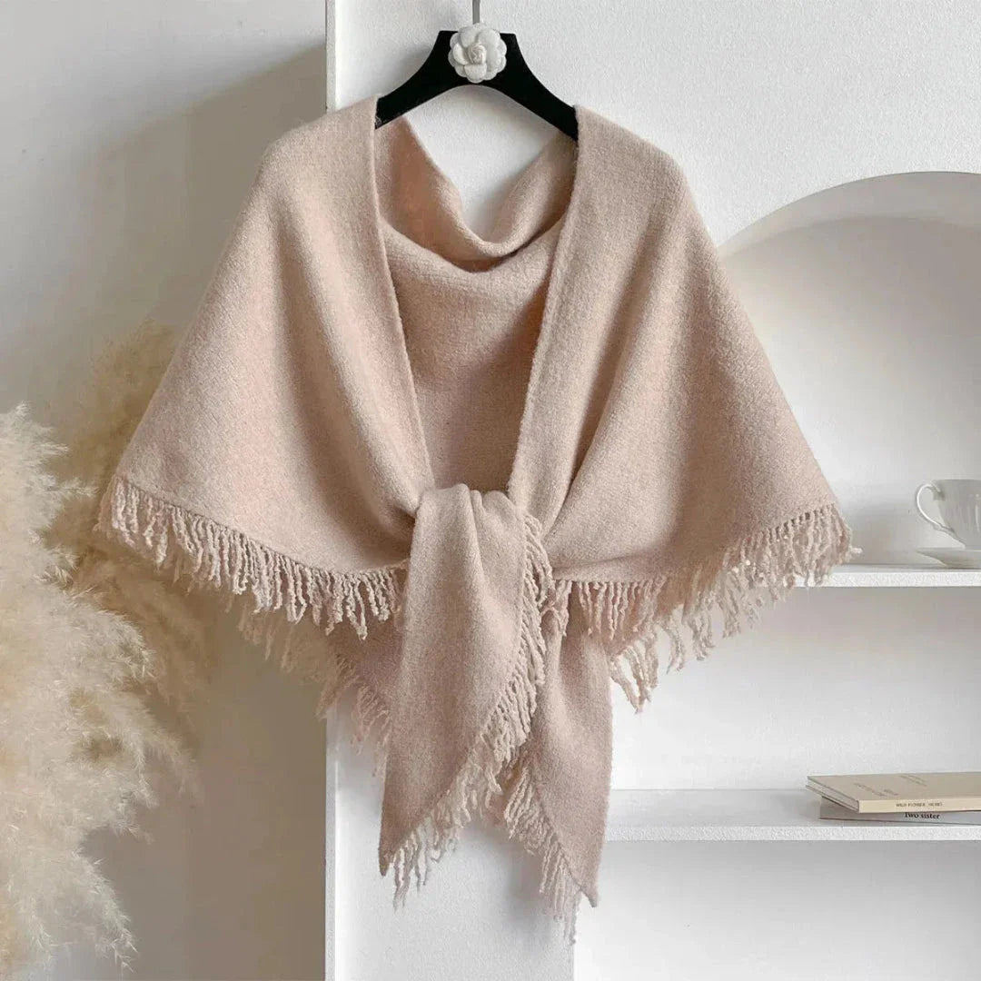 Yuliana soft tassel shawl in neutral tone with delicate fringe trim, lightweight and draped styling