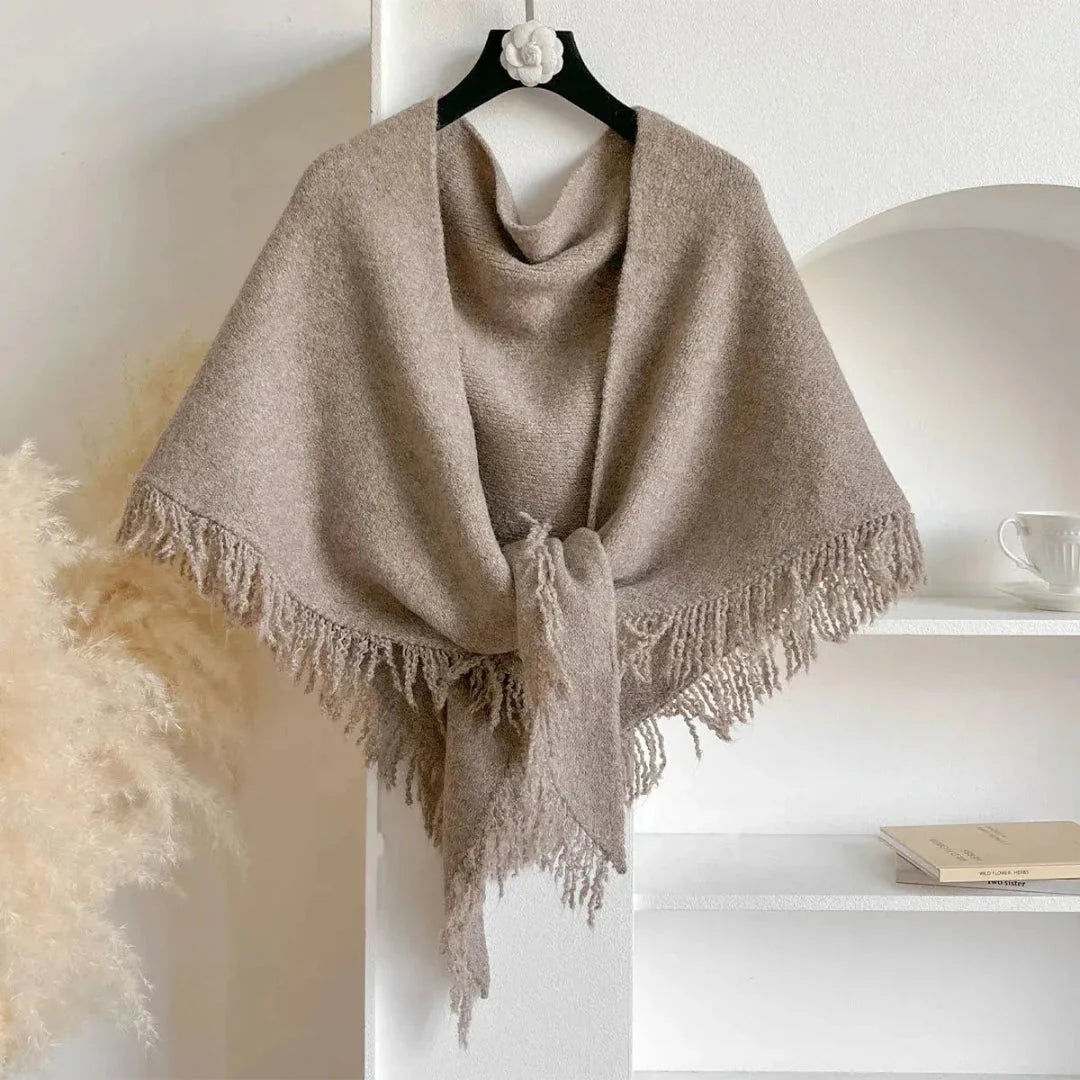 Yuliana tassel shawl in neutral tones, lightweight soft fabric with delicate fringe trim for elegant layering