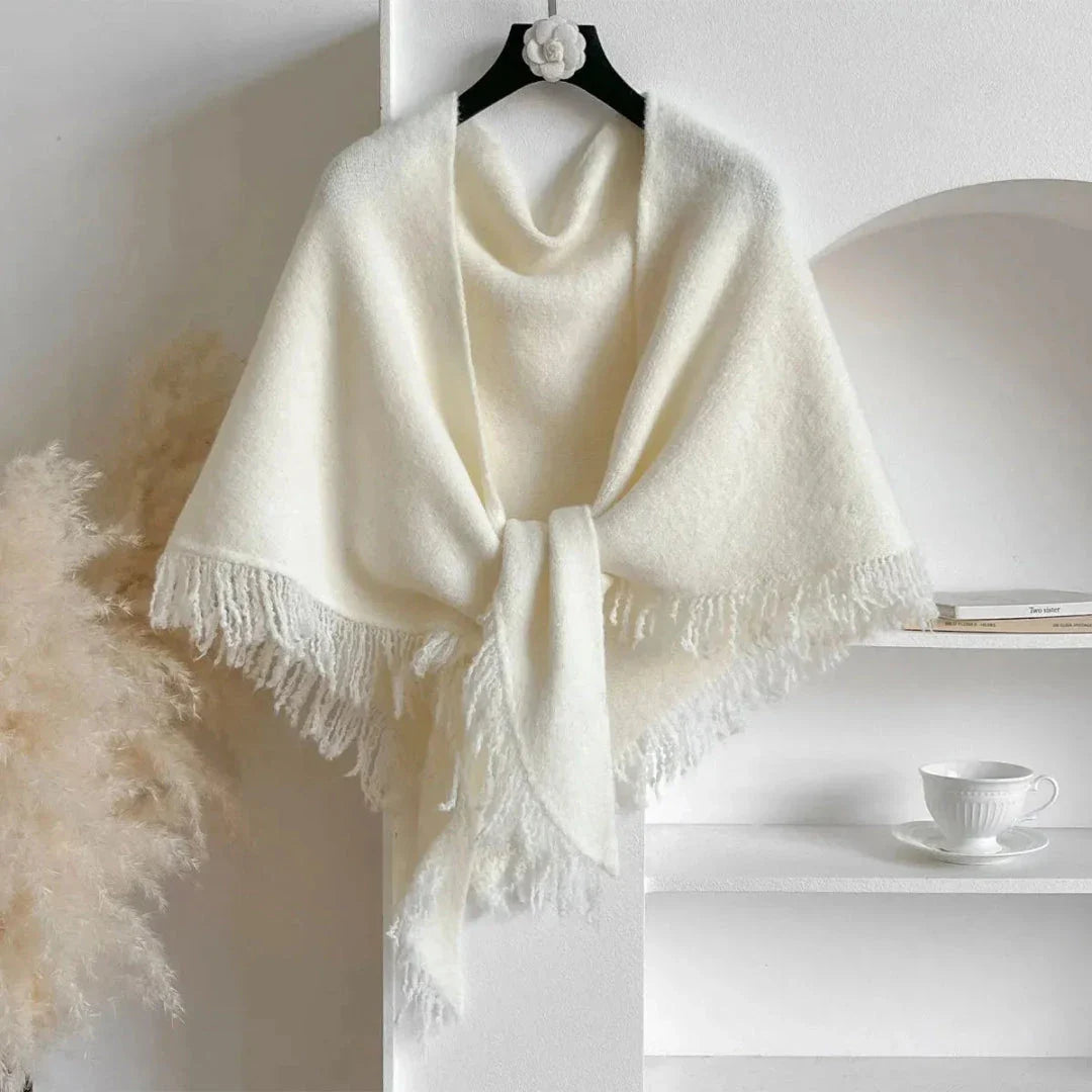 Yuliana ivory tassel shawl with delicate fringe trim, lightweight wrap for effortless feminine layering