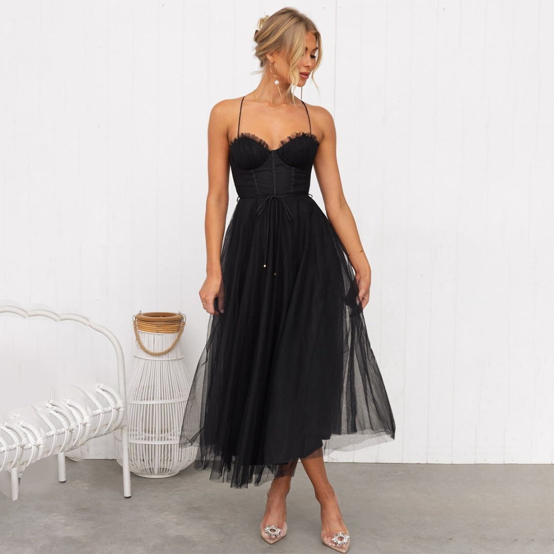 Women's strapless sweetheart neckline A-line midi dress in layered tulle, dreamy feminine silhouette