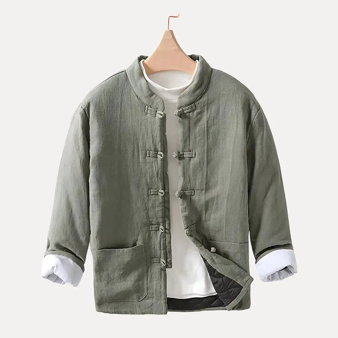 Loose-fit beige cotton-linen padded jacket with Chinese knot buttons and retro heritage style