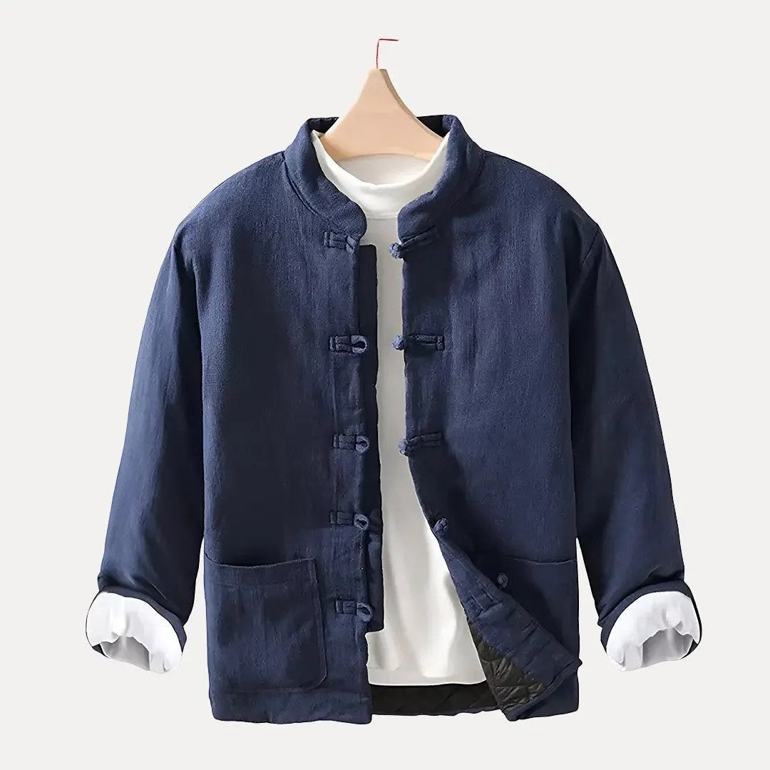 Men's navy blue Chinese-style padded jacket with traditional knot buttons and loose cotton-linen fit