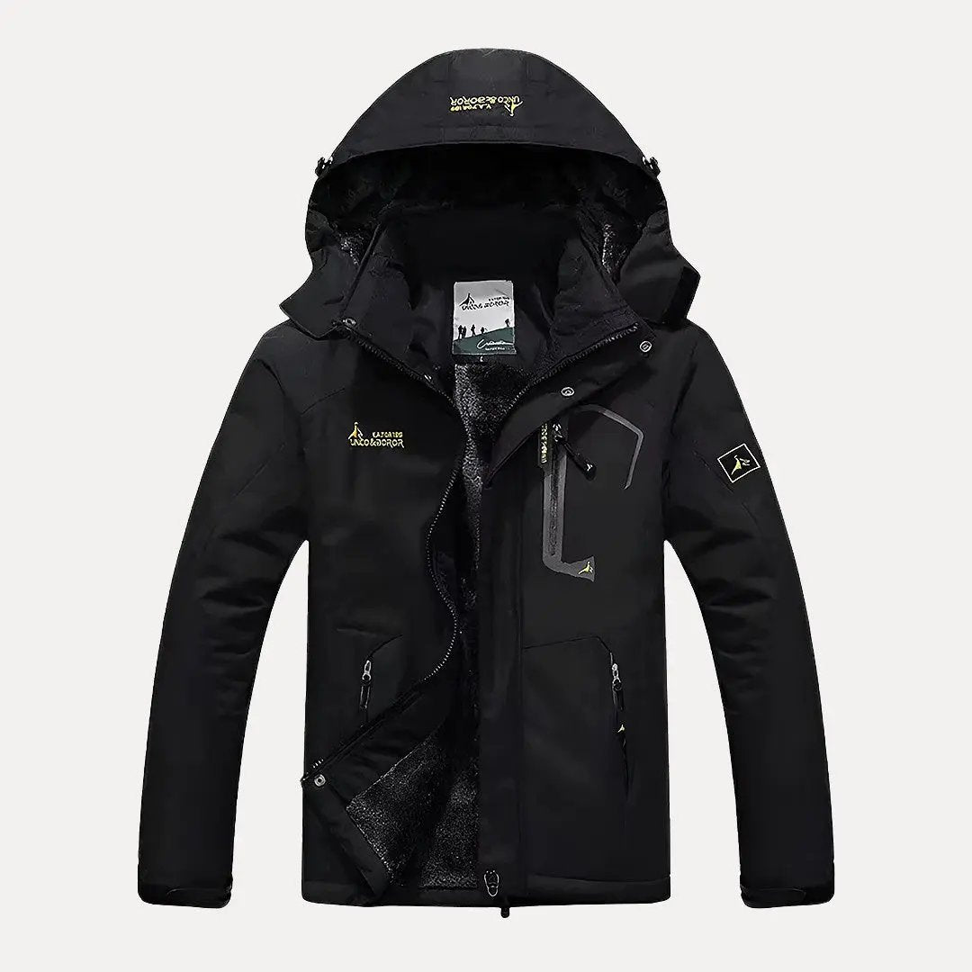 Men's military-style insulated winter anorak jacket with fur-trimmed hood, windproof construction