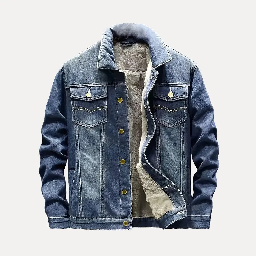 Light blue oversized denim jacket with soft wool liner, warm winter style