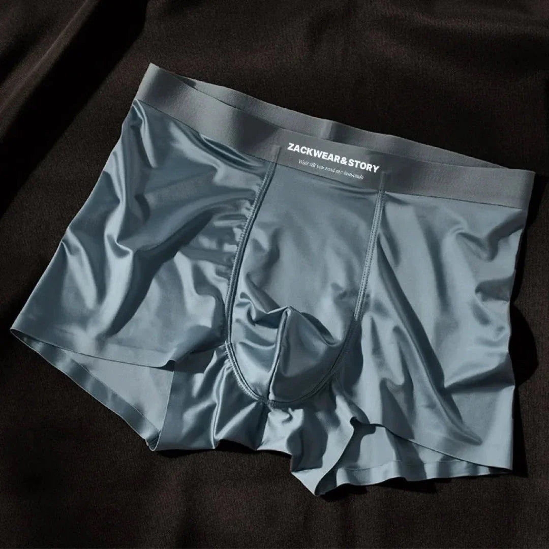 Men's ice silk stretch boxer briefs with sleek glossy finish and supportive contour pouch