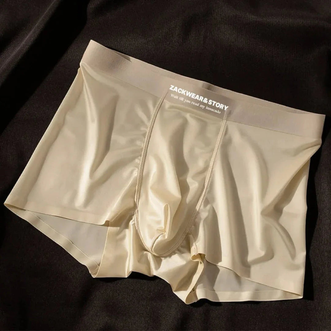 Men's ice silk glossy stretch boxer briefs with supportive contour pouch, sleek shiny finish