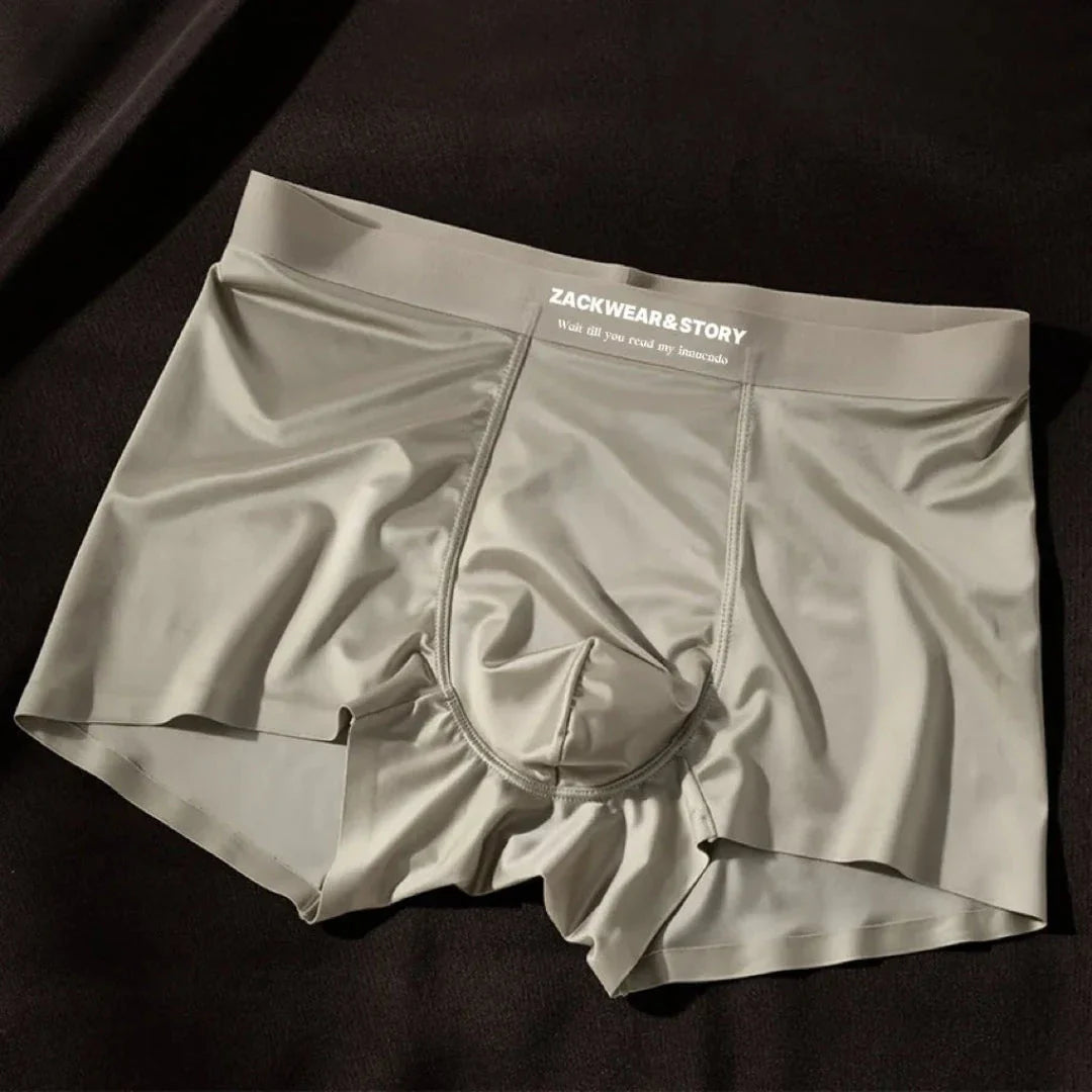 Men's ice silk stretch boxer briefs with sleek glossy finish and supportive contour pouch