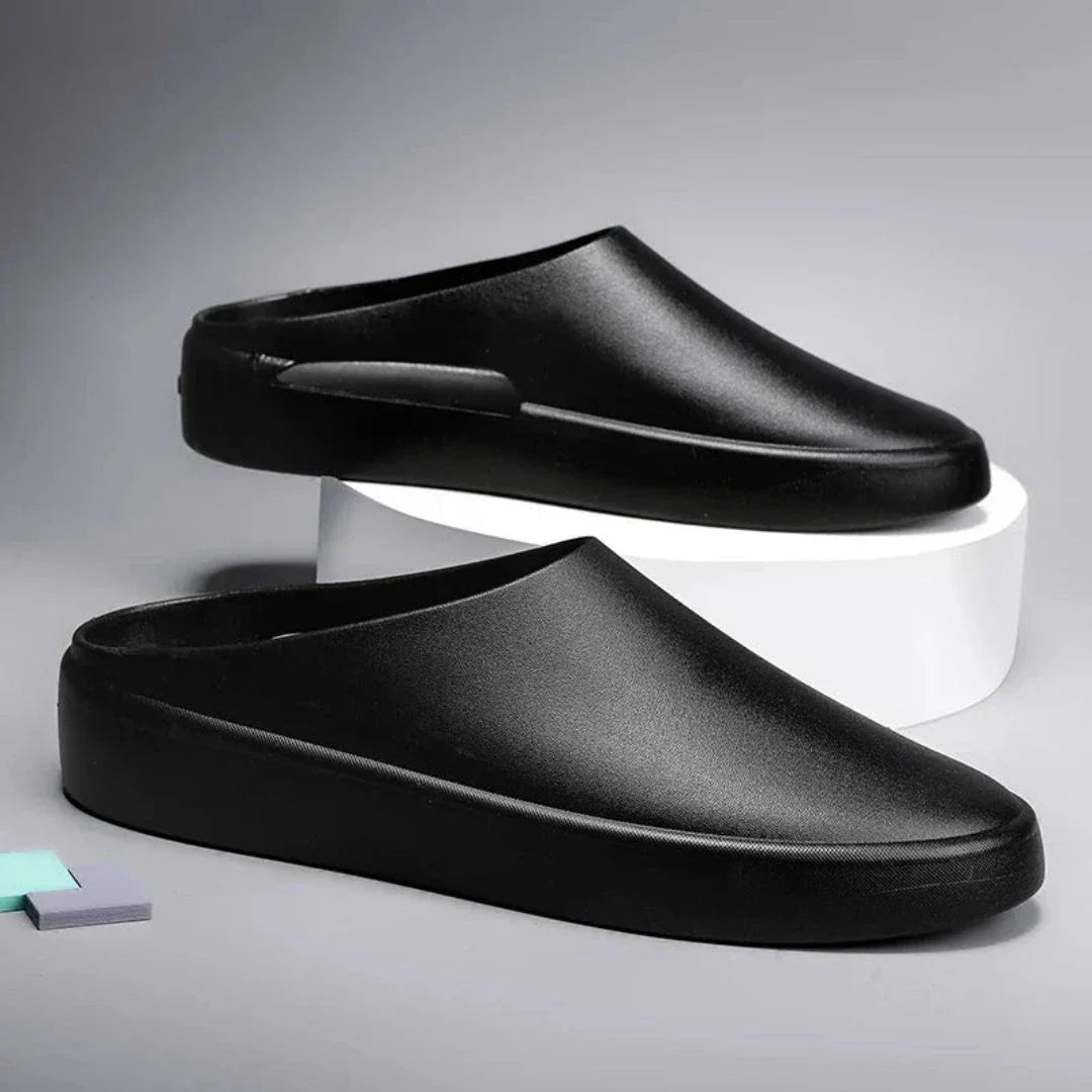 Men's minimalist closed-toe slip-on slides in neutral tones with ultra-lightweight EVA cushioned sole