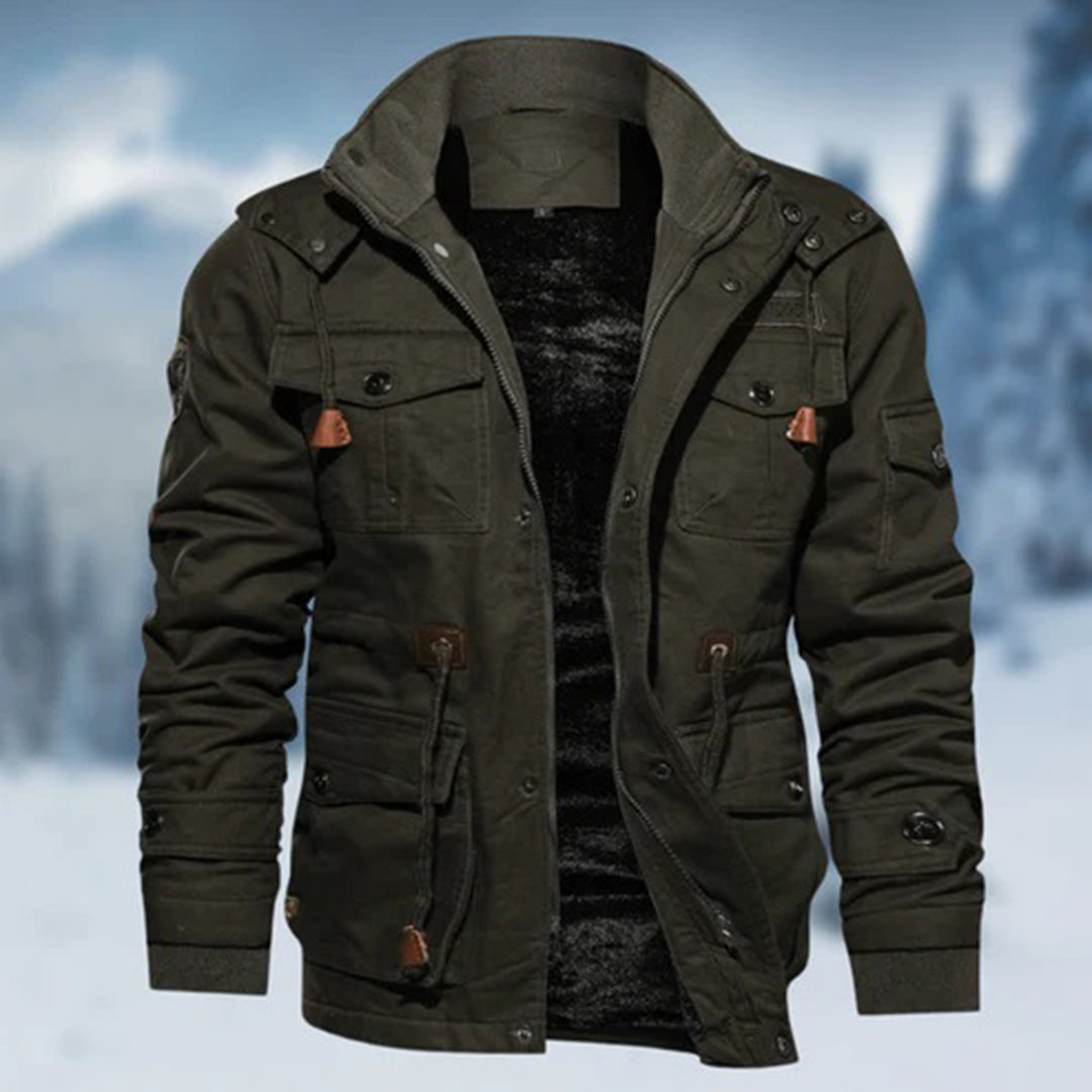 Men's tan bomber jacket slim fit with utility pockets and warm lining by Wavlynn Blake