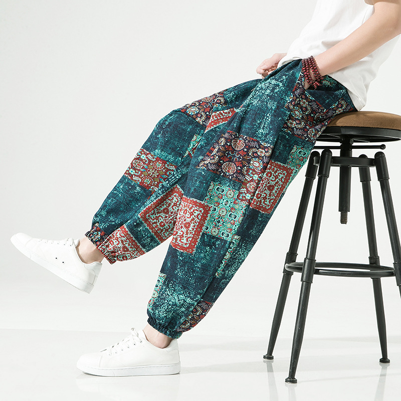 Tapered relaxed linen-blend pants with elastic drawstring waistband, lightweight breathable fabric