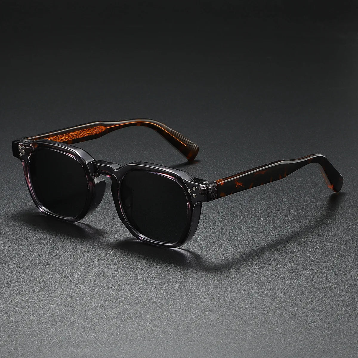 Bold black block-style sunglasses with thick acetate frames and textured arms, UV400 retro streetwear shades