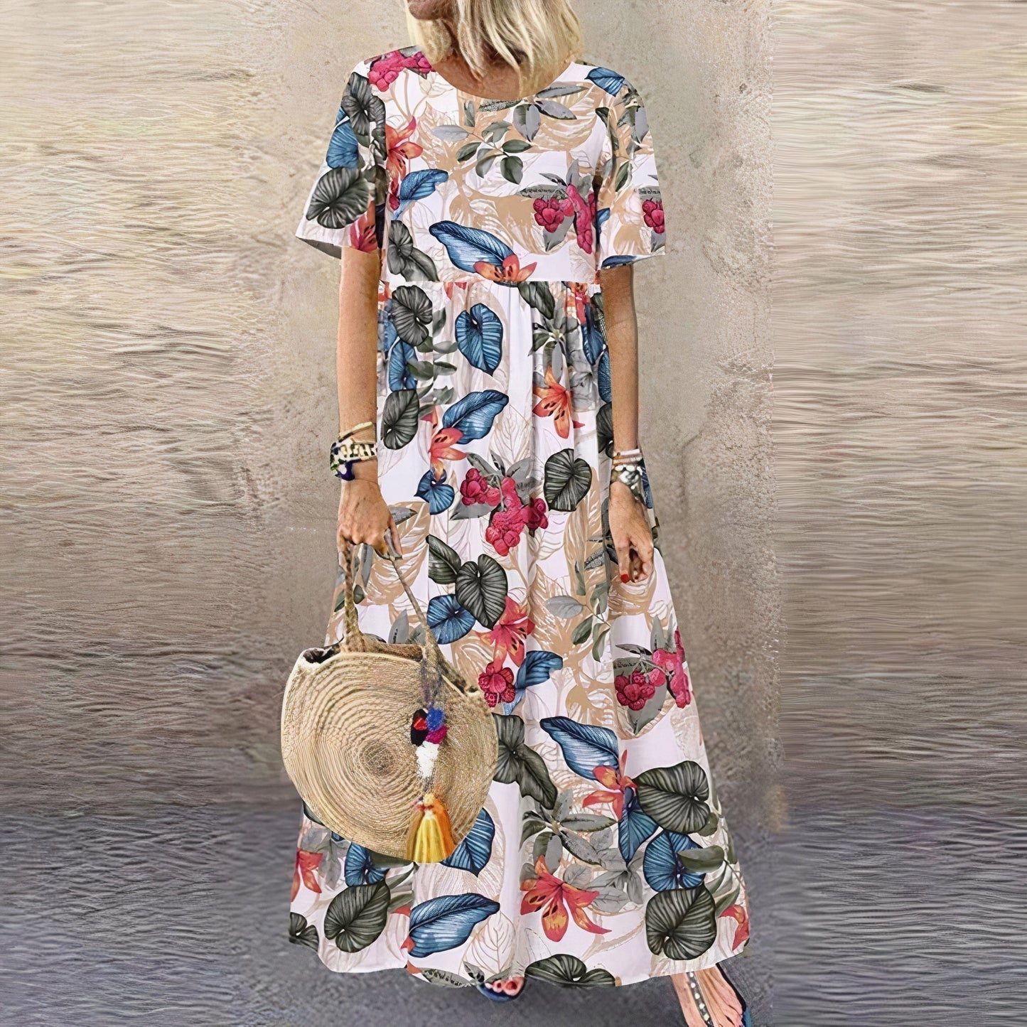 Women's floral lace maxi dress in vibrant multicolor draped silhouette with flowy feminine fit