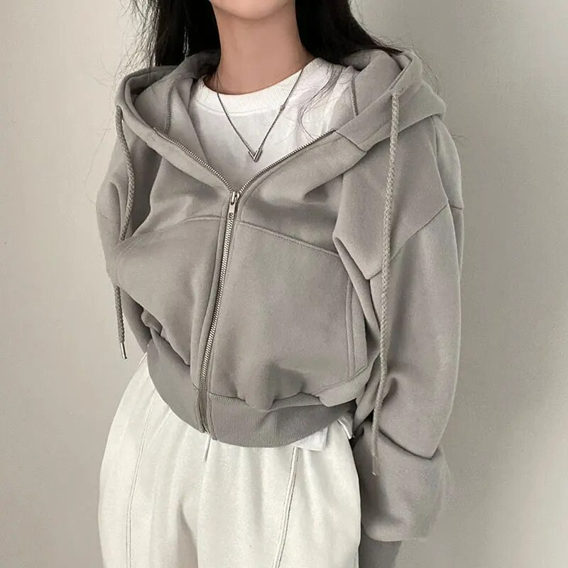 Women's zip front cropped hoodie relaxed fit lightweight layering essential in neutral tone