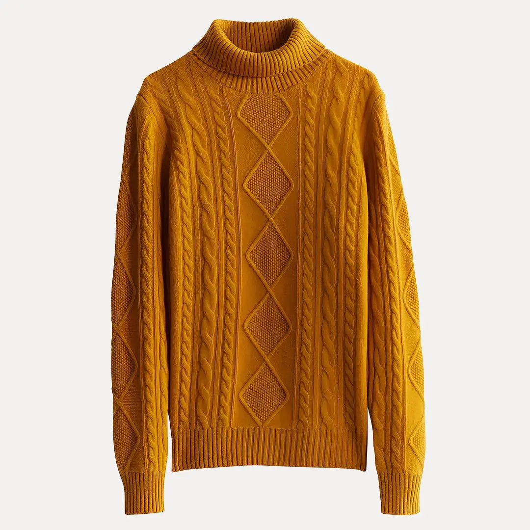 Soft ivory cashmere turtleneck sweater with cozy knit texture, perfect for layering in fall and winter