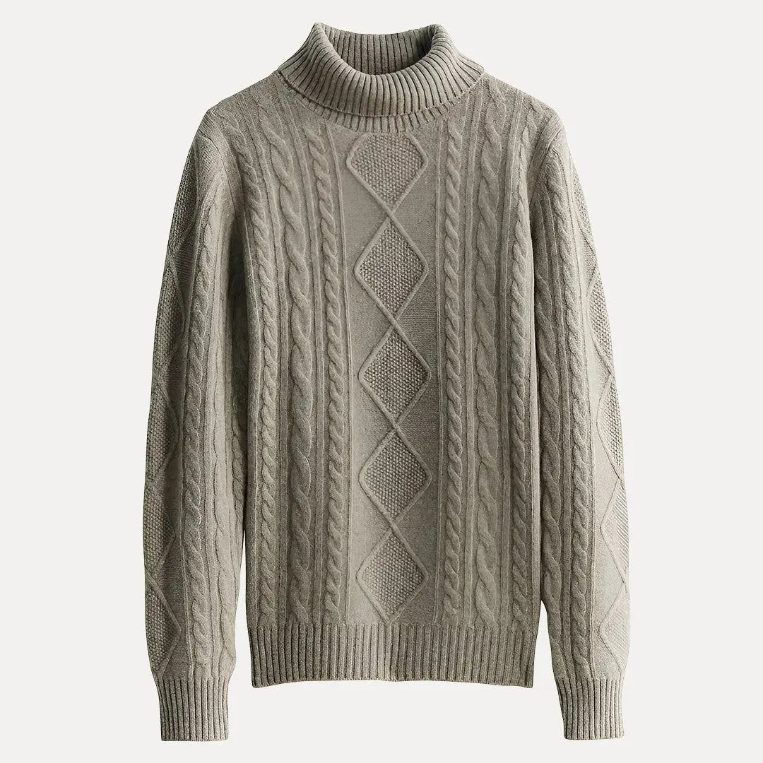 Soft ivory cashmere turtleneck sweater with cozy knit texture, perfect for layering in autumn