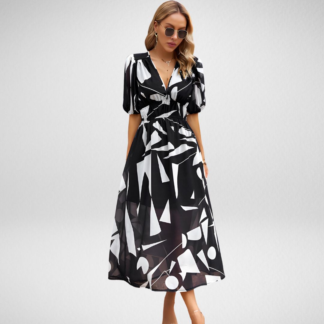 Violet women's v-neck flowy elegant dress in purple, feminine silhouette with elongating neckline