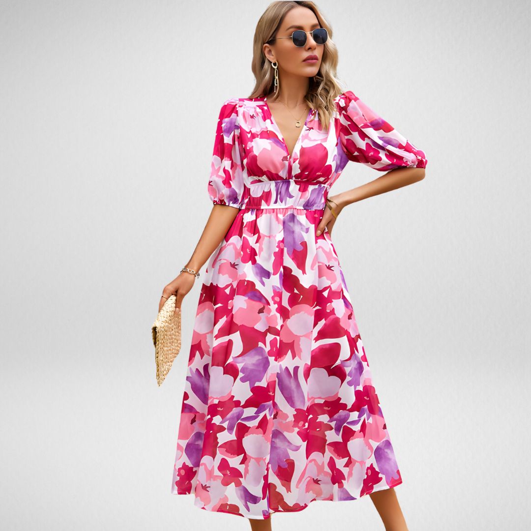 Violet women's V-neck flowy elegant dress in purple, flattering silhouette with graceful drape