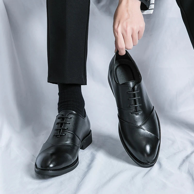 Black genuine leather derby shoes with cap-toe finish and sleek lace-up design for formal elegance