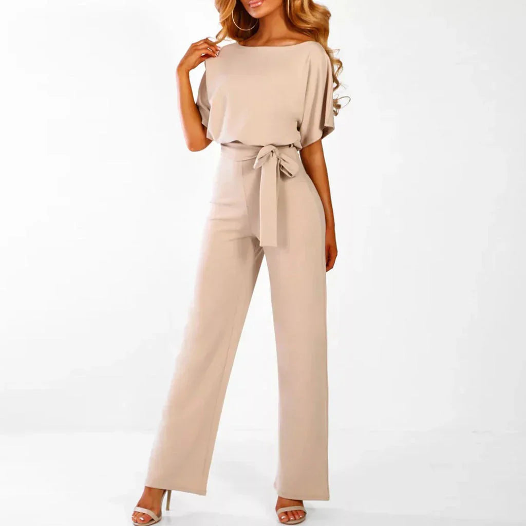 Women's loose fit wide-leg jumpsuit with tie waist belt, elegant and comfortable everyday style