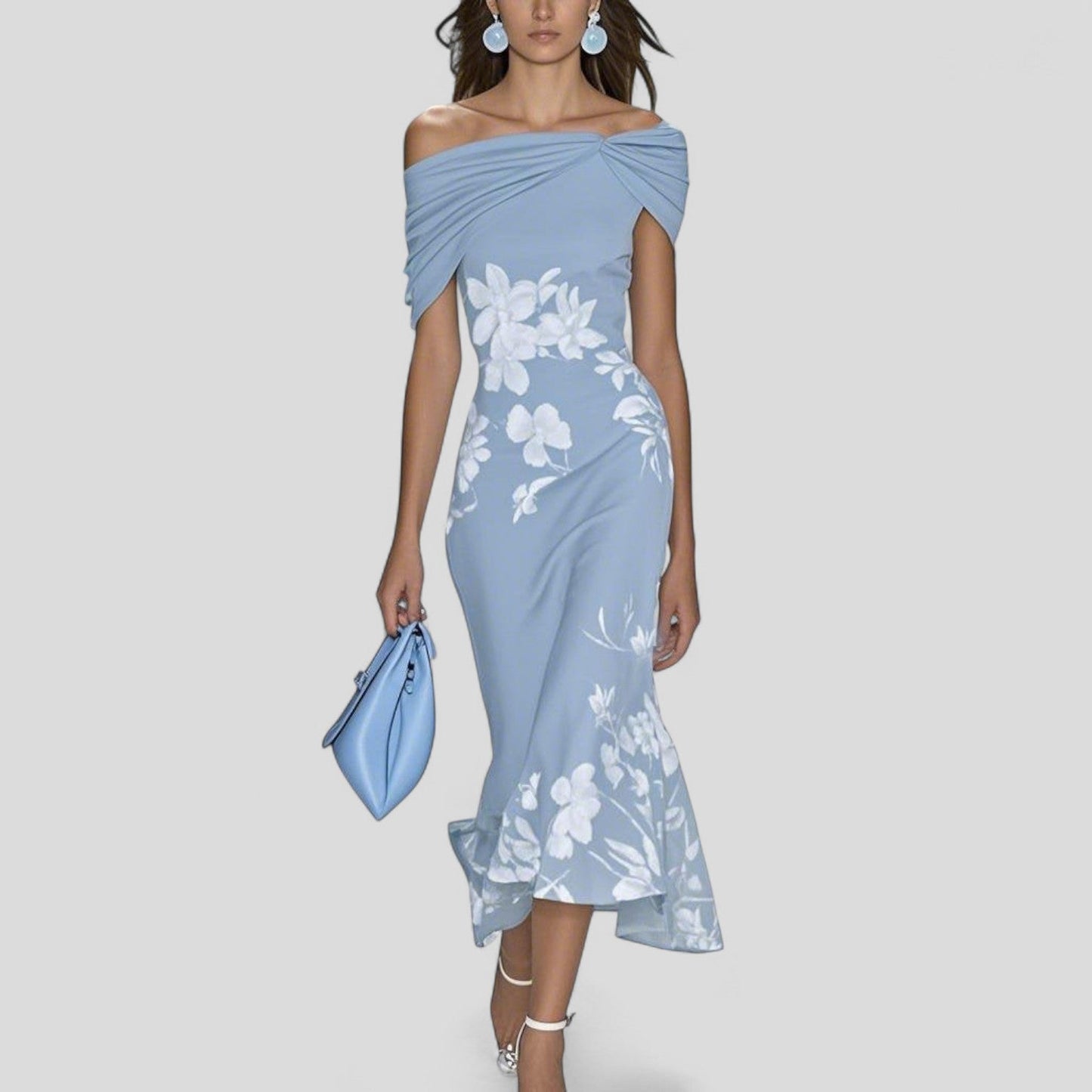 Women's sage green floral midi dress with off-shoulder neckline and ruffle hem, figure-skimming fit