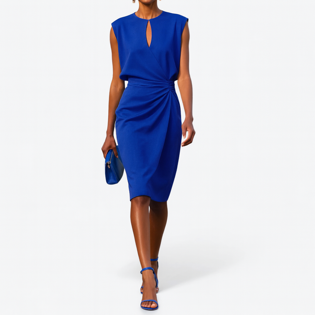 Elegant classy midi dress with refined detailing, graceful silhouette for formal and chic daytime occasions