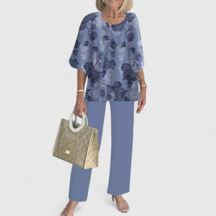 Sage green floral print two-piece set with layered relaxed top and wide-leg pants