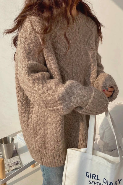 Women's beige mohair cable knit sweater, cozy relaxed fit with anti-pilling twisted pattern