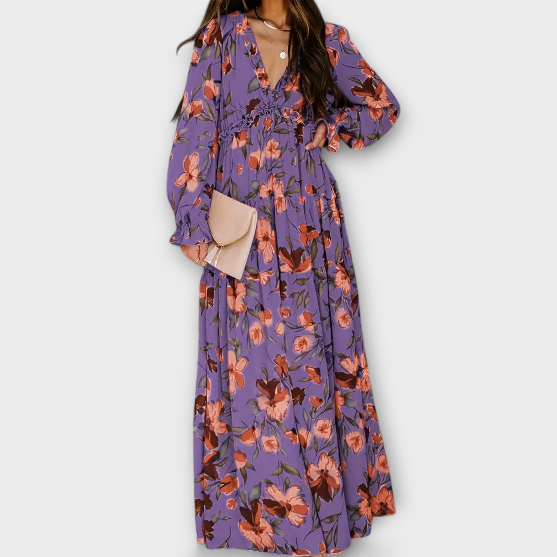 Floral V-neck maxi dress with flowing silhouette and romantic all-over floral print