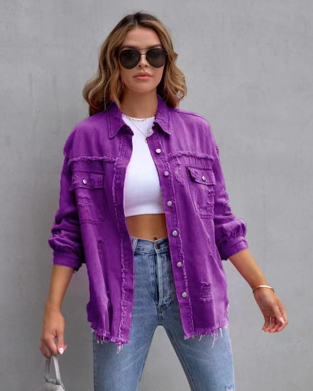 Women's oversized beige shirt jacket with relaxed urban fit and distressed detailing by Wavlynn