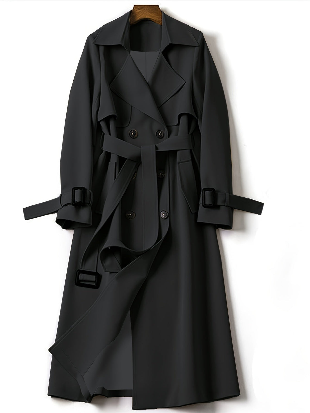 Women's elegant longline trench coat double-breasted belted office wear tailored silhouette
