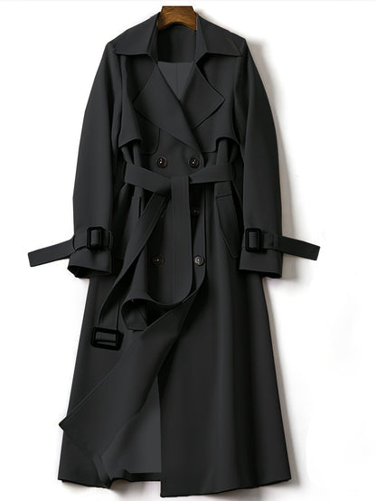 Women's elegant longline trench coat double-breasted belted office wear tailored silhouette