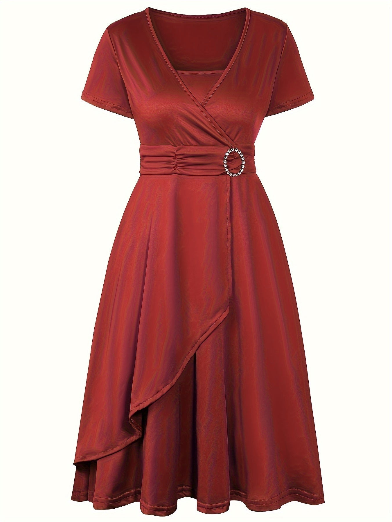 Women's deep navy wrap dress with V-neck, short sleeves, and elegant waist-cinching silhouette