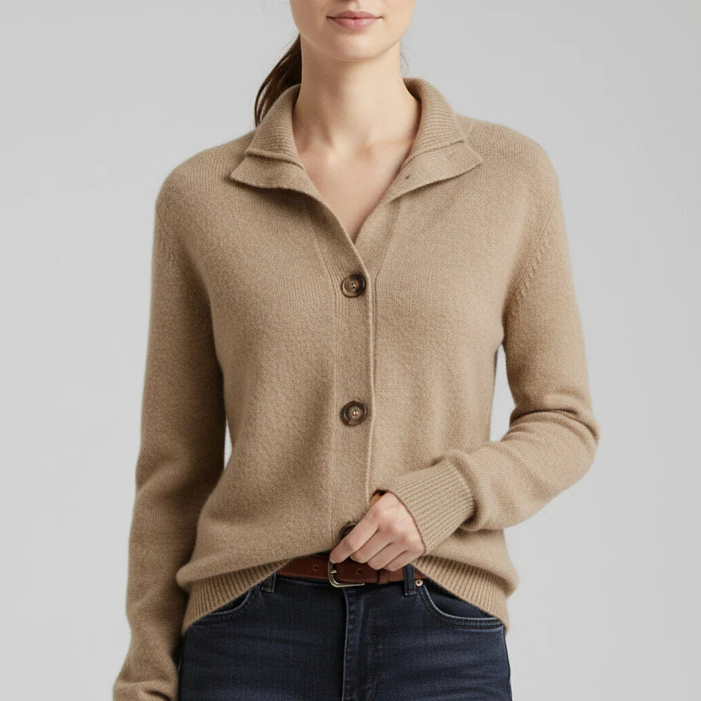 Wavlynn women's ribbed knit sweater in neutral tone, relaxed button-down collared style for work and weekend