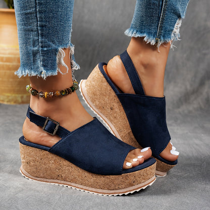 Women's beige platform sandals with adjustable buckle straps and cushioned EVA sole for all-day comfort