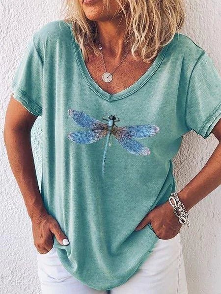 Washed-pink women's casual V-neck tee with delicate blue dragonfly chest graphic