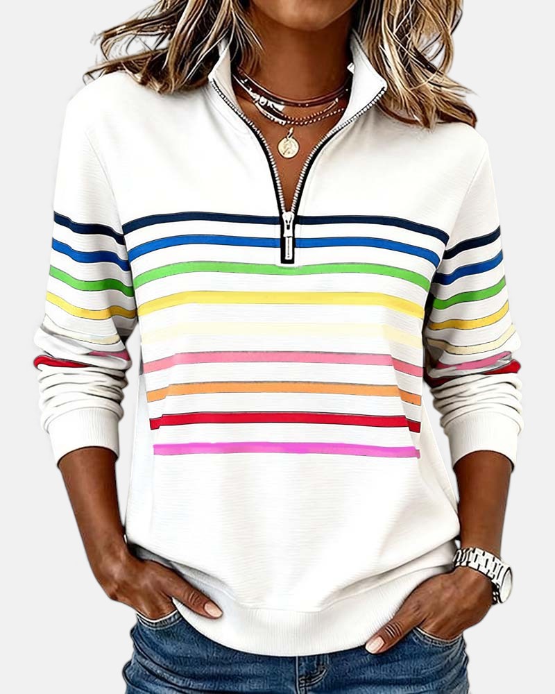 Rainbow striped zip sweatshirt in multicolor with relaxed fit and vertical flattering stripe design
