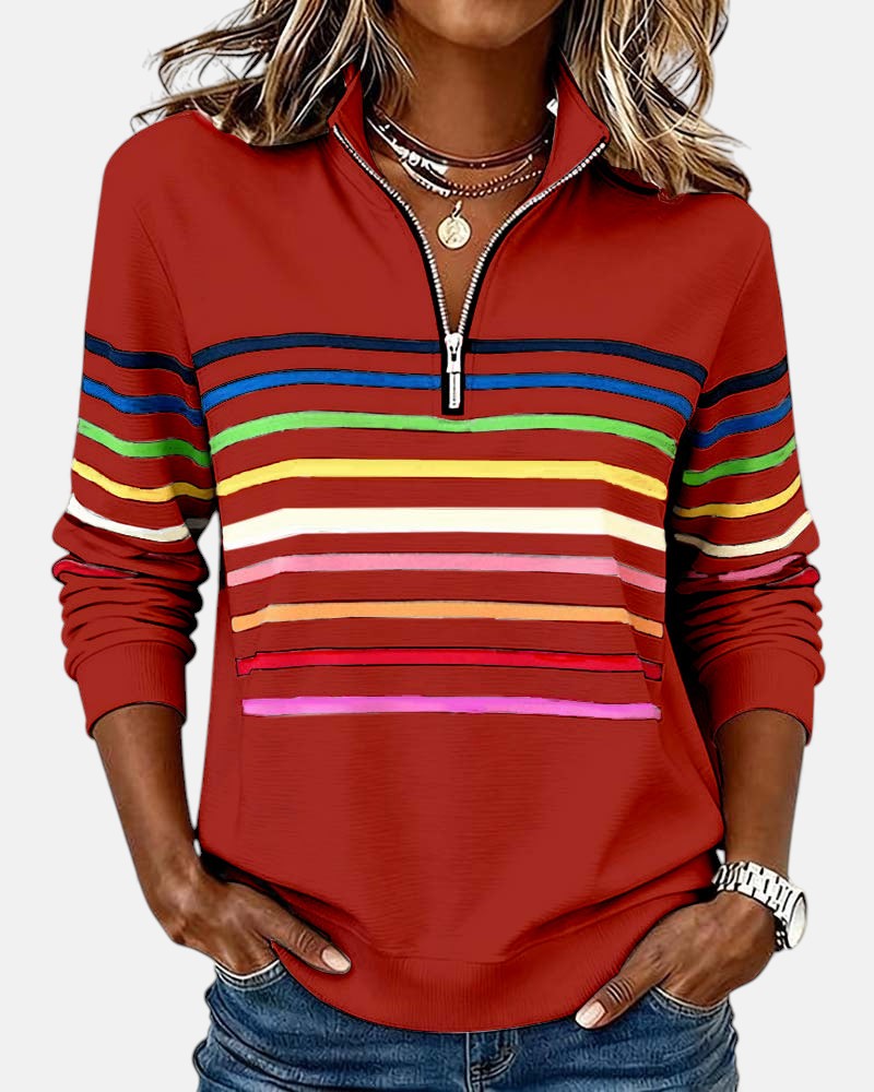 Rainbow striped zip sweatshirt with relaxed fit and vibrant vertical color-block design