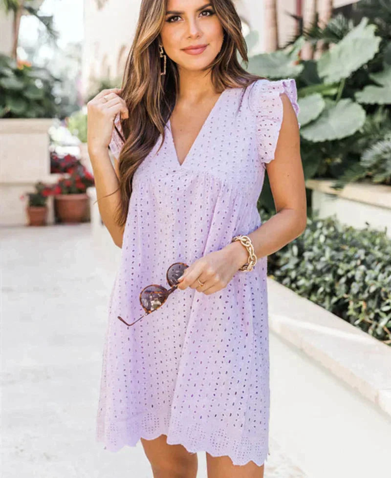 Women's sleeveless summer dress, V-neck white broderie anglaise cotton blend, light breathable feminine style