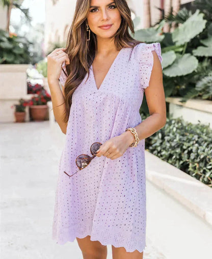 Women's sleeveless summer dress, V-neck white broderie anglaise cotton blend, light breathable feminine style