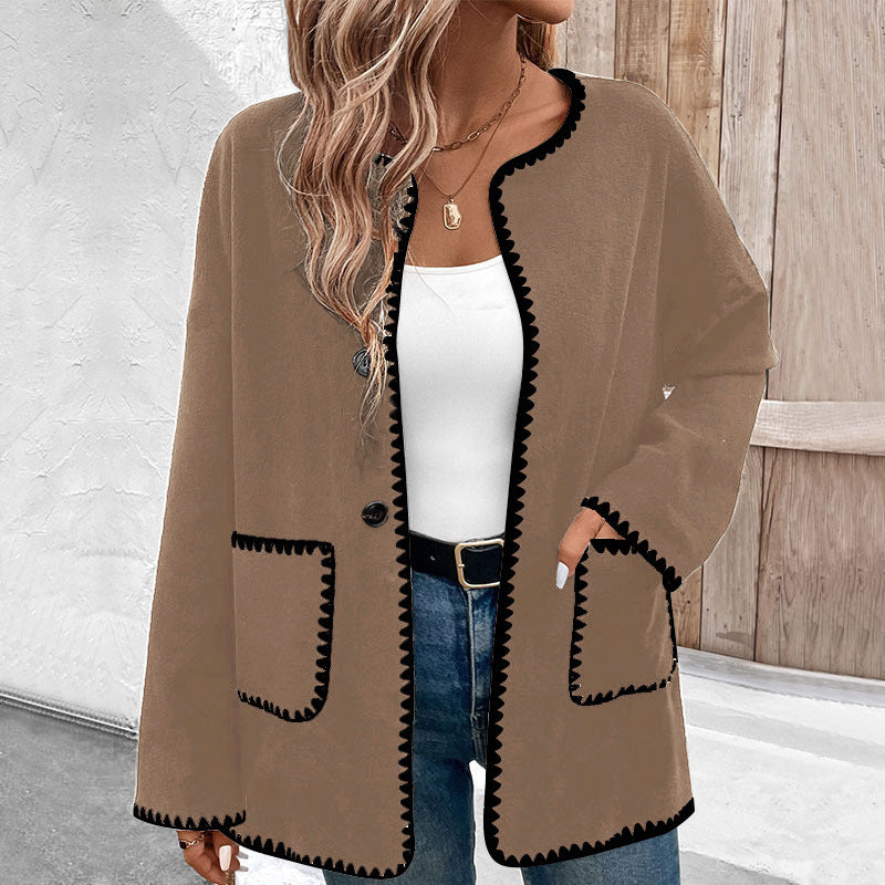 Unisex colorblock fleece coat black-trimmed long sleeve with pockets for cozy modern winter style