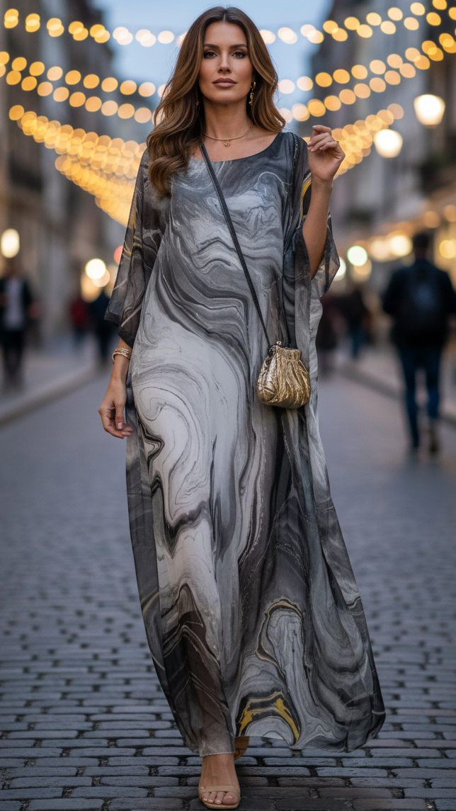 Women's gold chiffon kaftan maxi dress with batwing sleeves and floor-length formal silhouette