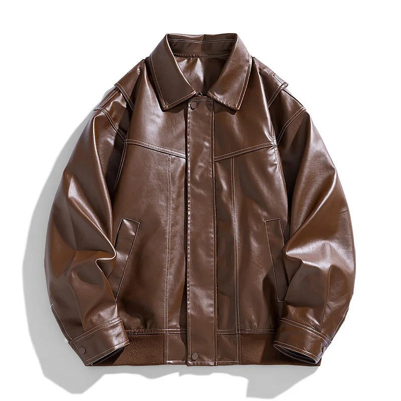 Men's black oversized premium leather bomber jacket with structured silhouette and clean smooth finish